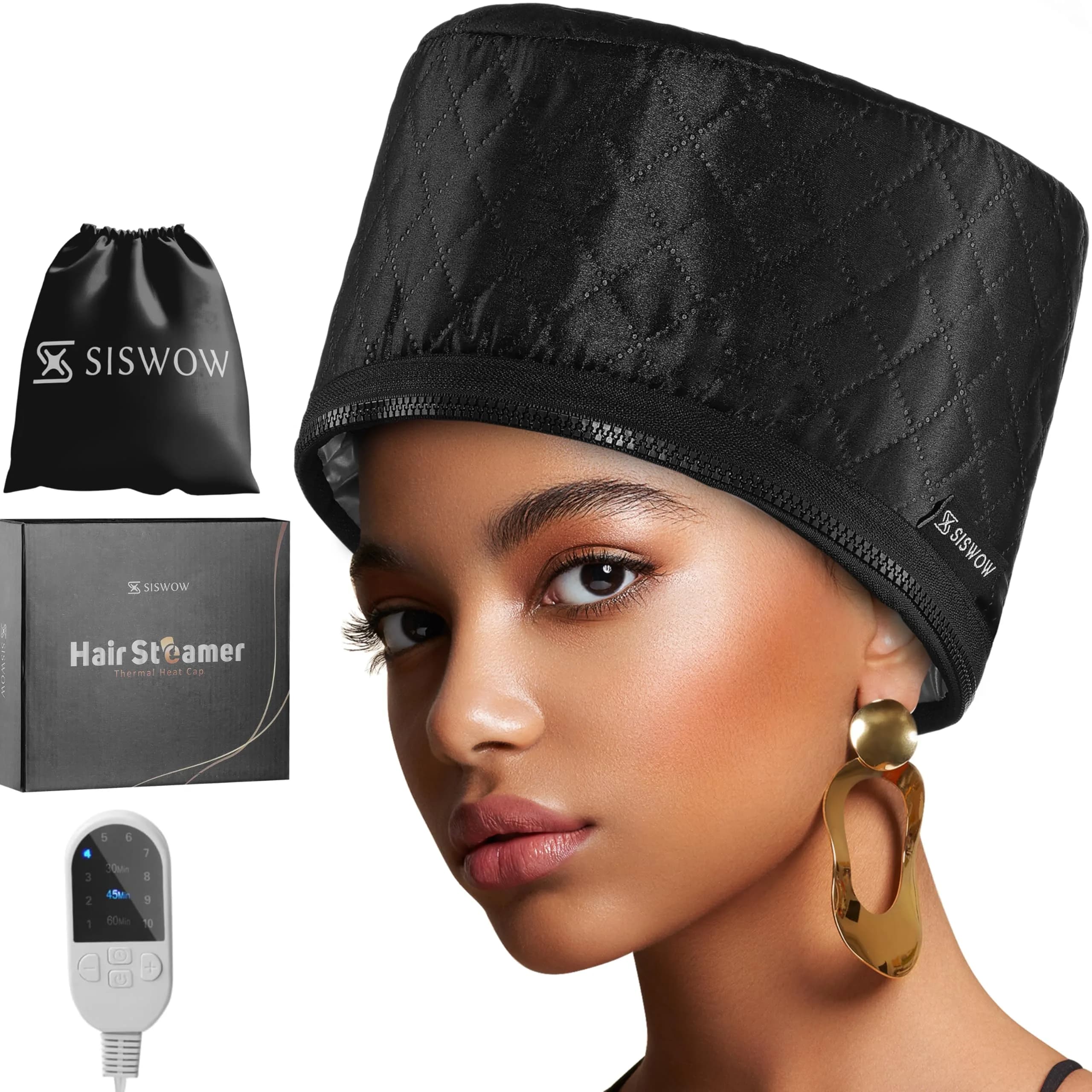 SISWOW Hair Steamer Thermal Heat Cap for Natural Hair | Deep Conditioning & Moisture (110V, 45W, Black) — Black