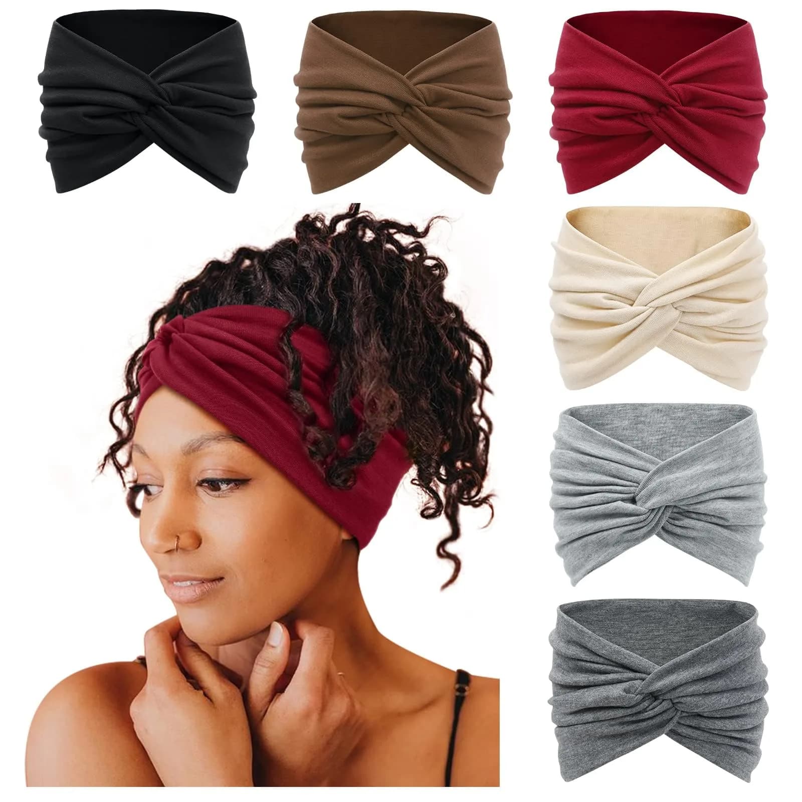 Tobeffect 7'' Extra Wide Headbands for Women, Large Thick Turban Head Wrap, Non Slip Workout Hair Accessories, 6 Pack | Boho Style, Breathable Polyester