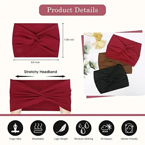 Tobeffect 7'' Extra Wide Headbands for Women, Large Thick Turban Head Wrap, Non Slip Workout Hair Accessories, 6 Pack | Boho Style, Breathable Polyester thumbnail 2