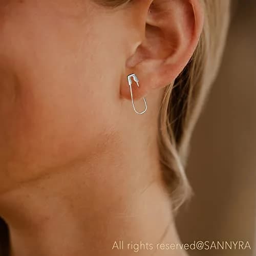 SANNYRA Silver Safety Pin Earrings for Women | Minimalist Dangle Hoop Paper Clip thumbnail 2