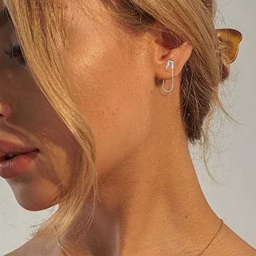 SANNYRA Silver Safety Pin Earrings for Women | Minimalist Dangle Hoop Paper Clip thumbnail 3