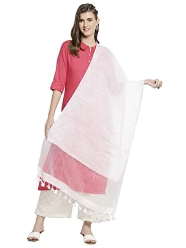 DUPATTA BAZAAR Women's White Linen Dupatta with Organza Border and Tassels | 2.4m Elegant Linen Dupatta thumbnail 1