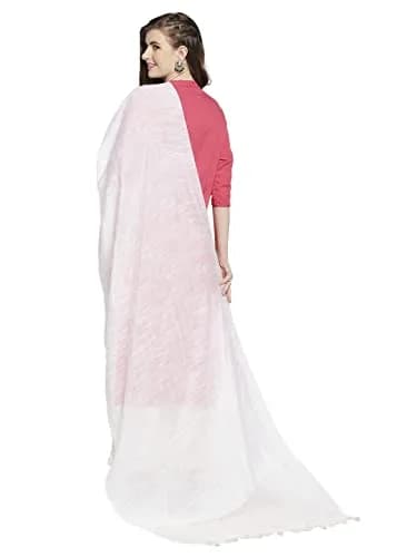 DUPATTA BAZAAR Women's White Linen Dupatta with Organza Border and Tassels | 2.4m Elegant Linen Dupatta thumbnail 6