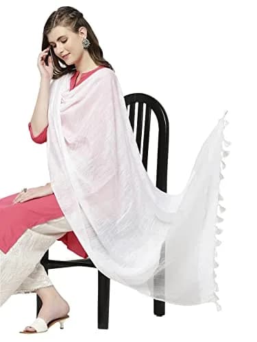 DUPATTA BAZAAR Women's White Linen Dupatta with Organza Border and Tassels | 2.4m Elegant Linen Dupatta thumbnail 2