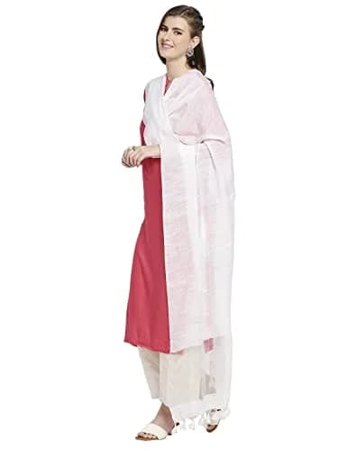 DUPATTA BAZAAR Women's White Linen Dupatta with Organza Border and Tassels | 2.4m Elegant Linen Dupatta thumbnail 3