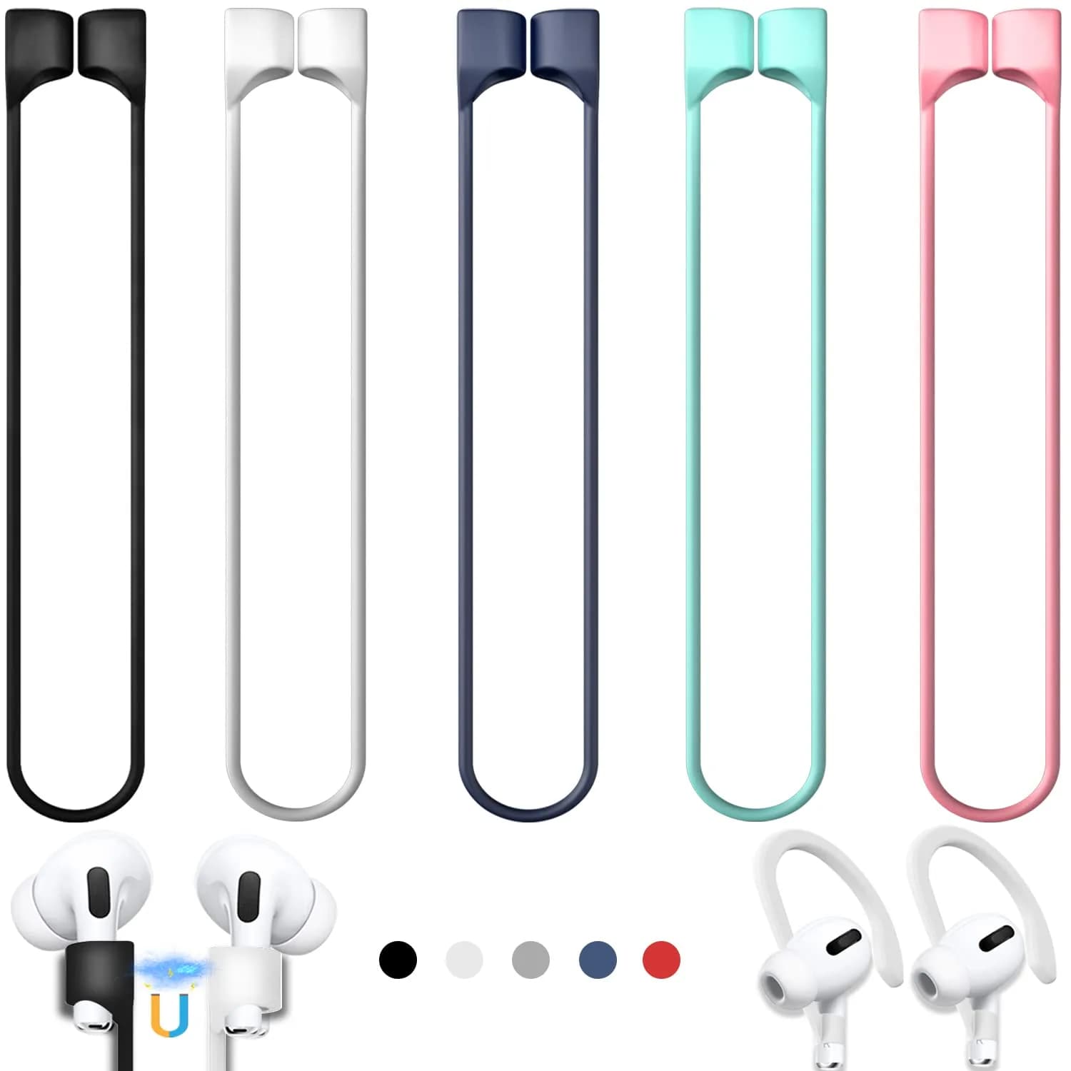 Mooyavia Ultra Strong Magnetic Anti-Lost Strap for AirPods Pro - 5 Color | Magnetic Silicone Neck Lanyard — A2-black+white+dark Blue+green+pink