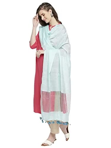 DUPATTA BAZAAR Light Blue Linen Dupatta with Organza Border & Tassels 240cm (94.49 inches) | Elegant Ethnic Wear for Occasions thumbnail 5