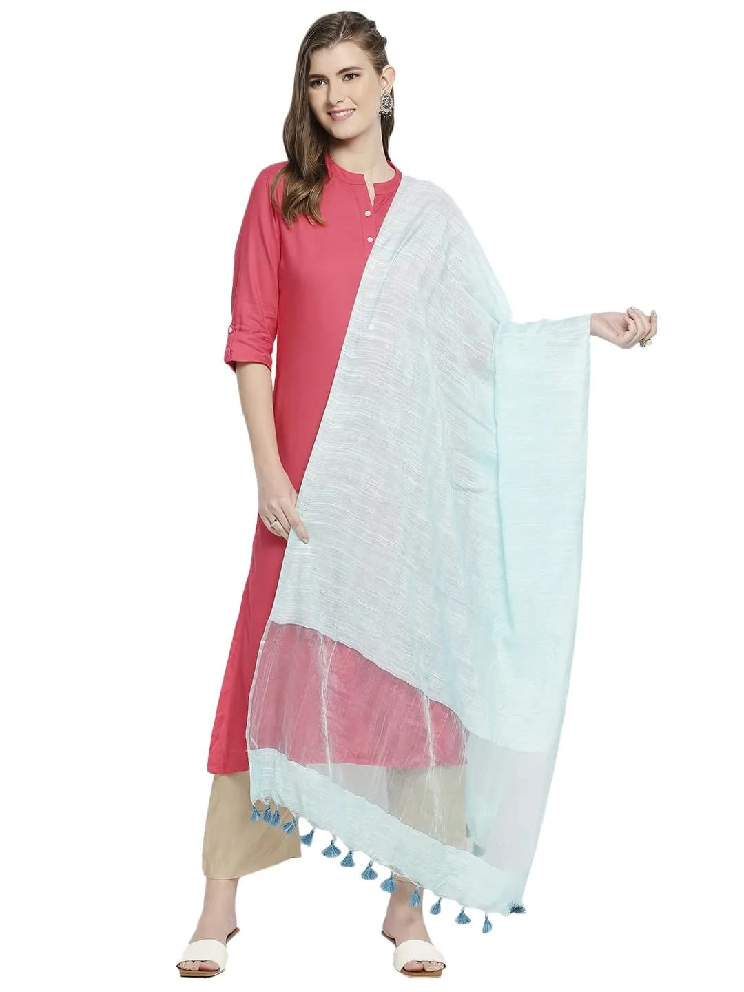 DUPATTA BAZAAR Light Blue Linen Dupatta with Organza Border & Tassels 240cm (94.49 inches) | Elegant Ethnic Wear for Occasions - view 6