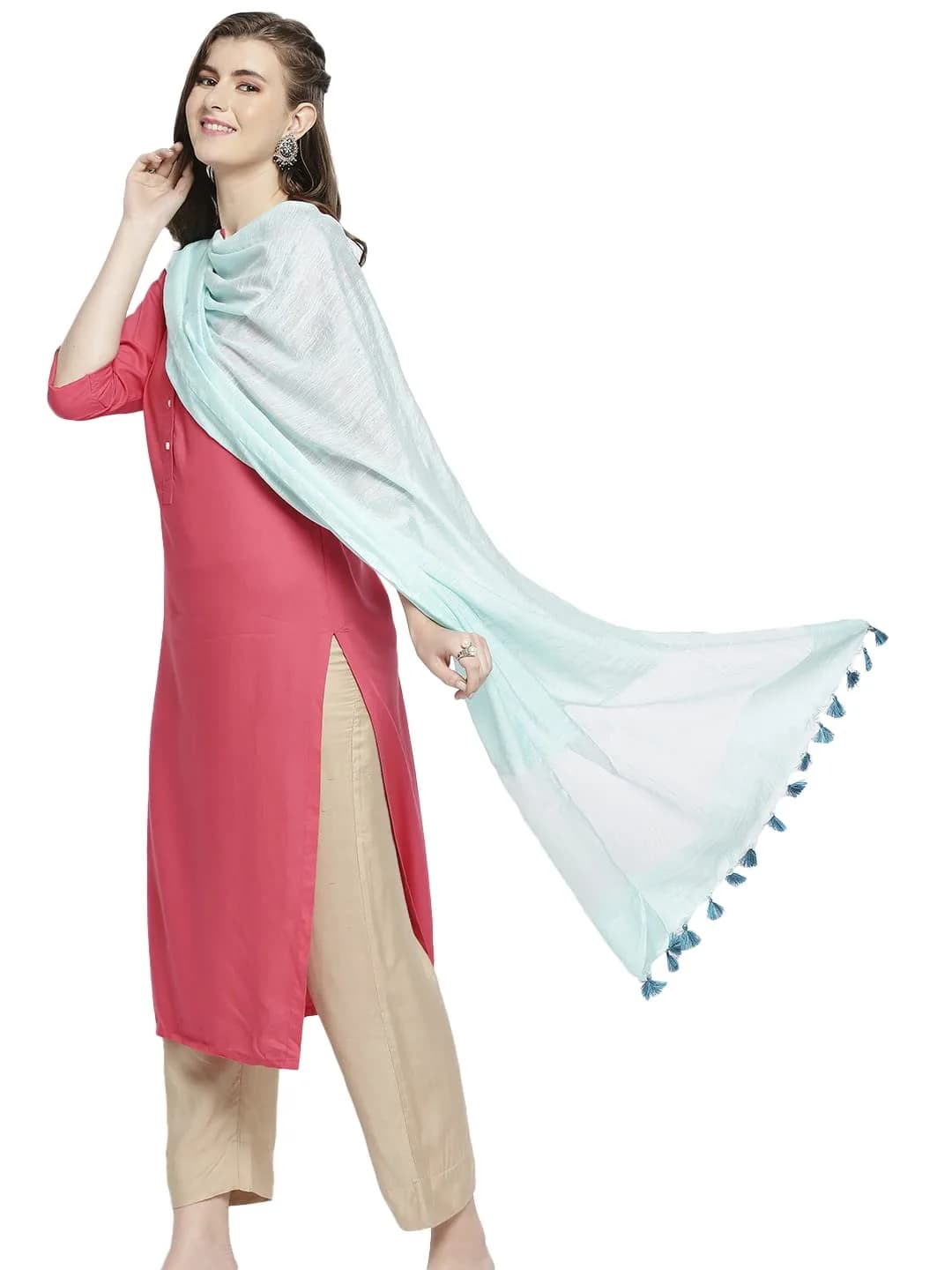 DUPATTA BAZAAR Light Blue Linen Dupatta with Organza Border & Tassels 240cm (94.49 inches) | Elegant Ethnic Wear for Occasions - view 7