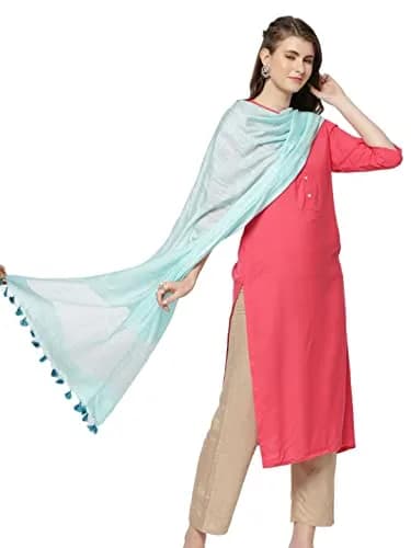DUPATTA BAZAAR Light Blue Linen Dupatta with Organza Border & Tassels 240cm (94.49 inches) | Elegant Ethnic Wear for Occasions thumbnail 1