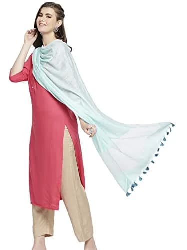 DUPATTA BAZAAR Light Blue Linen Dupatta with Organza Border & Tassels 240cm (94.49 inches) | Elegant Ethnic Wear for Occasions thumbnail 7