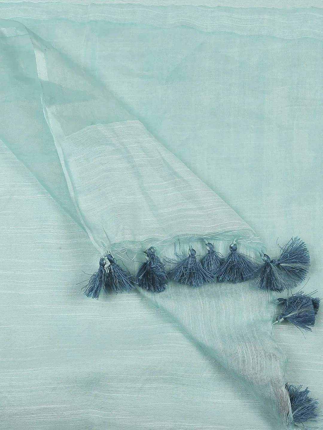 DUPATTA BAZAAR Light Blue Linen Dupatta with Organza Border & Tassels 240cm (94.49 inches) | Elegant Ethnic Wear for Occasions - view 2