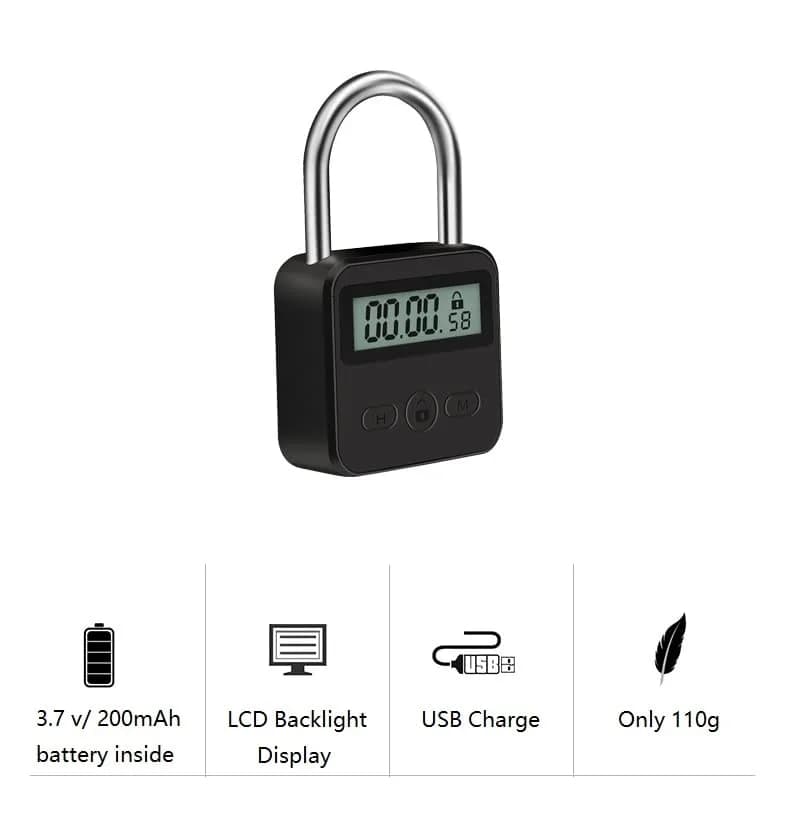 Enajucy Metal Timer Lock Black | Rechargeable Electronic Time Padlock with LCD Display thumbnail 4
