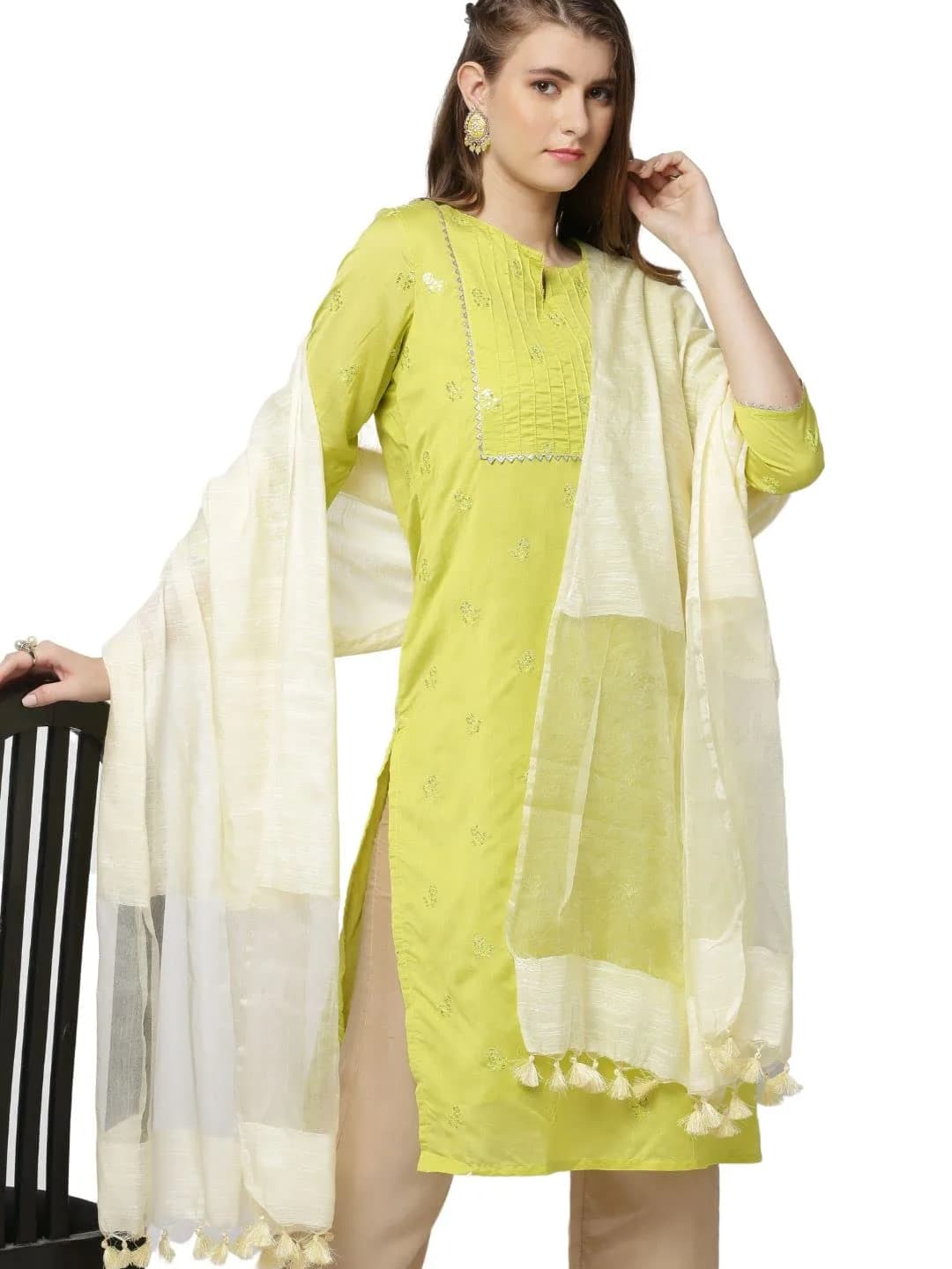 DUPATTA BAZAAR Cream Linen Dupatta with Organza Border and Tassels 2.4m (8.2 ft) | Imported Elegance for Indian Occasions — Beige