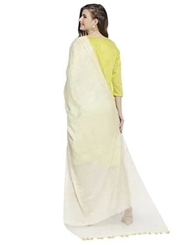 DUPATTA BAZAAR Cream Linen Dupatta with Organza Border and Tassels 2.4m (8.2 ft) | Imported Elegance for Indian Occasions thumbnail 4