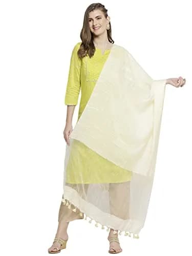 DUPATTA BAZAAR Cream Linen Dupatta with Organza Border and Tassels 2.4m (8.2 ft) | Imported Elegance for Indian Occasions thumbnail 6