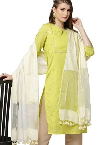 DUPATTA BAZAAR Cream Linen Dupatta with Organza Border and Tassels 2.4m (8.2 ft) | Imported Elegance for Indian Occasions thumbnail 1