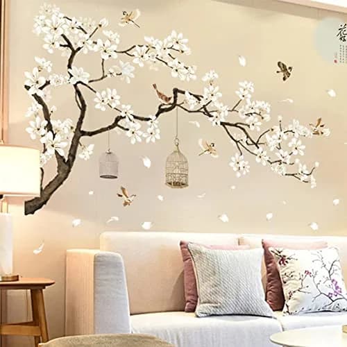 BWCXXZH Large White Flower Wall Stickers 50"x74" | Removable DIY Cherry Blossom Tree Wall Murals for Home Decor thumbnail 1