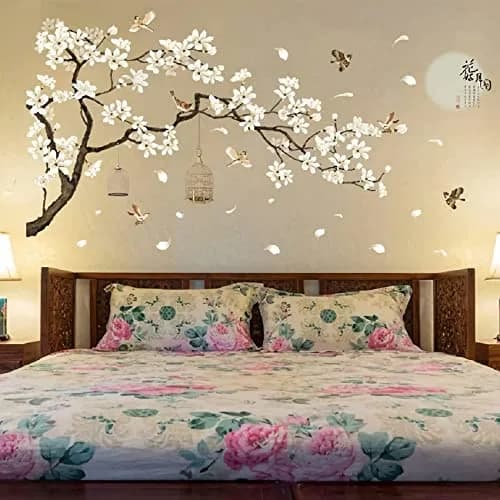 BWCXXZH Large White Flower Wall Stickers 50"x74" | Removable DIY Cherry Blossom Tree Wall Murals for Home Decor thumbnail 4