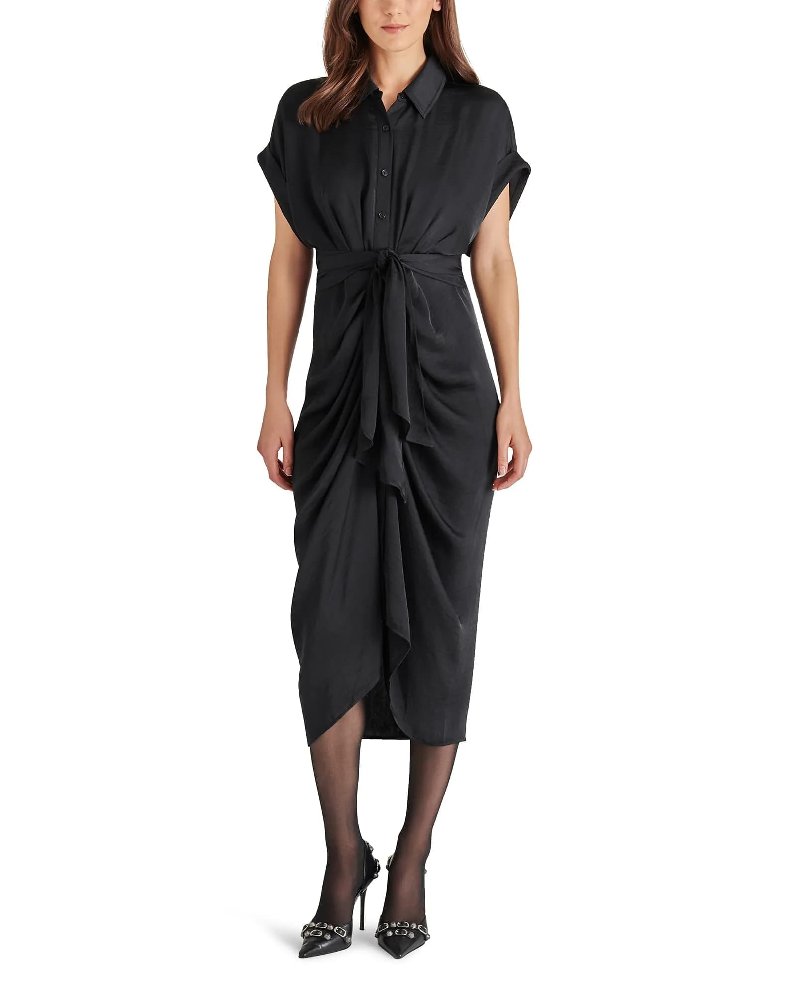Steve Madden Tori Dress 2 | Flattering Satin Midi Dress with Tie Waist (70-120 chars) — Black / 2