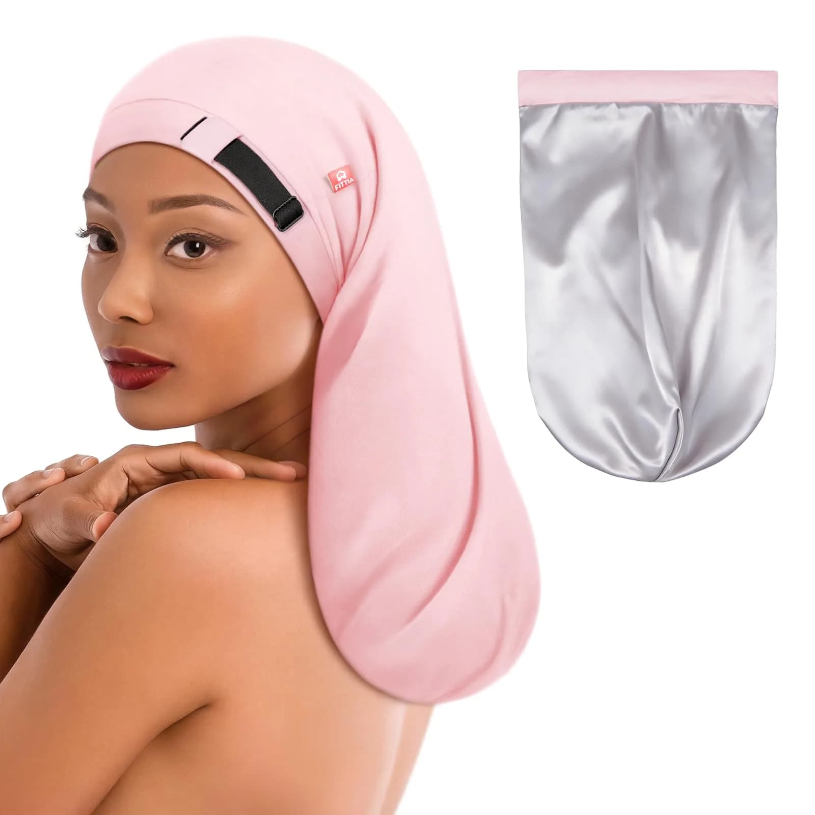 Fittia Long Satin Hair Bonnet for Locs, Dreadlocks & Braids | Adjustable XL Beanie for Women’s Hair Sleep — Pink