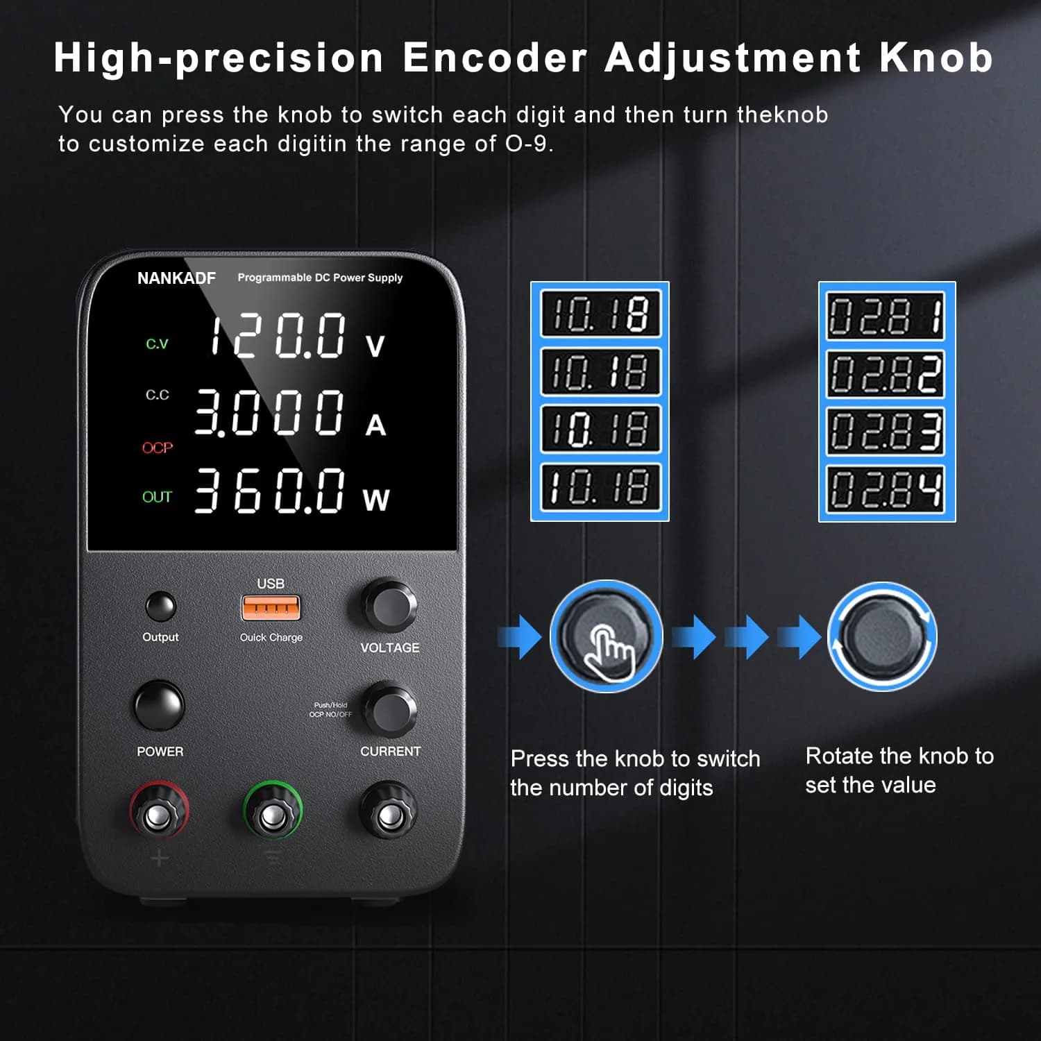 NANKADF 120V 3A Black DC Power Supply with Encoder Knob & USB Quick-Charge - view 3