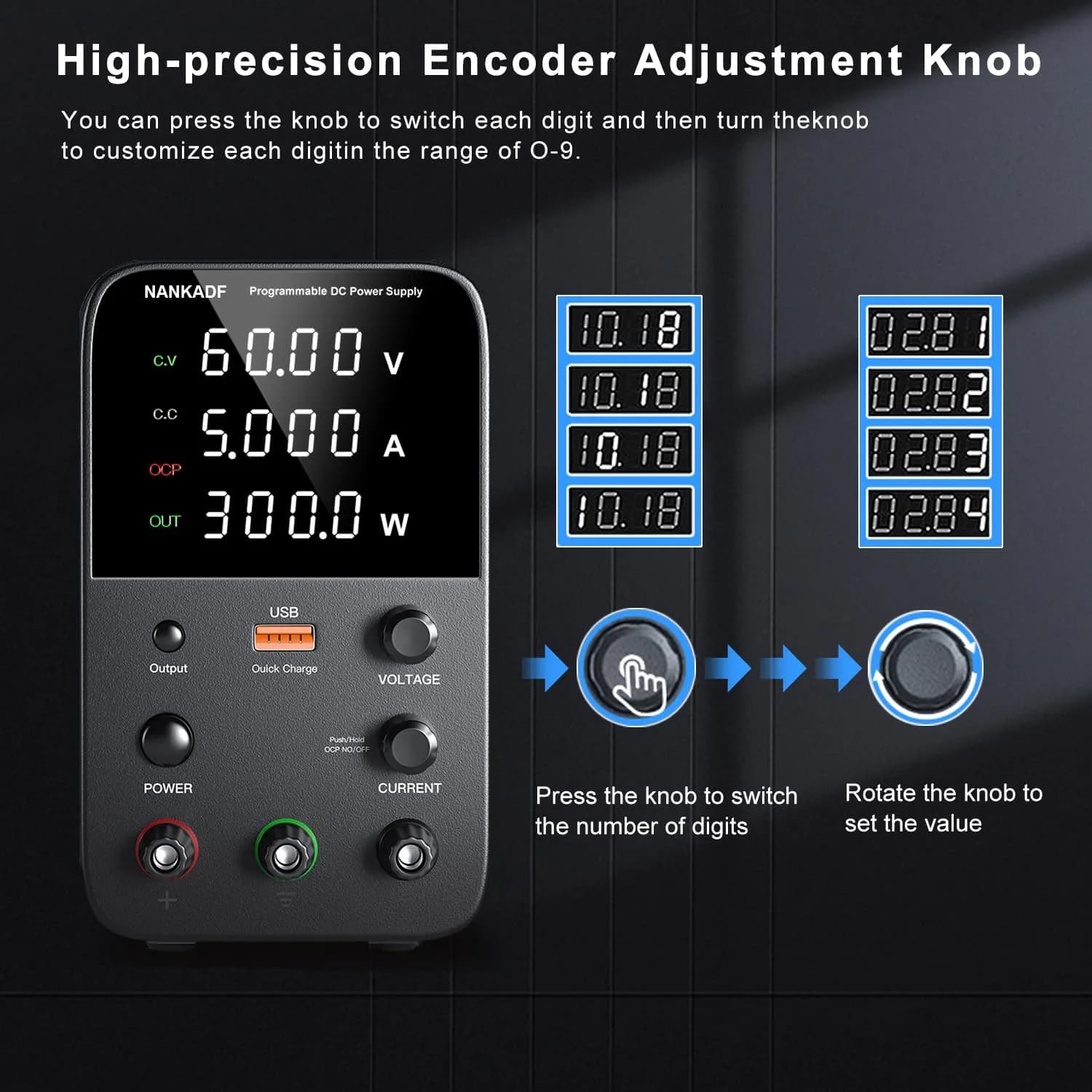 NANKADF 60V 5A Black DC Power Supply with Encoder Knob & USB Quick-Charge - view 3