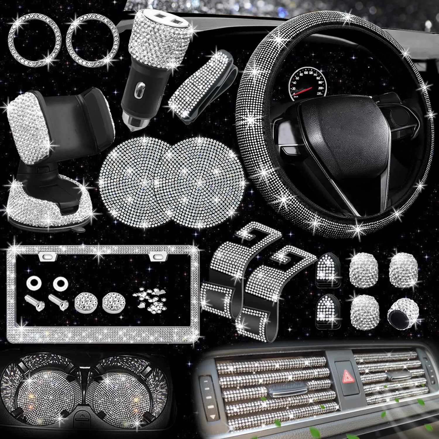 NBTEPEM 27 pcs Bling Car Accessories Set for Women, Silver Diamond | Universal Fit, Luxury Rhinestones, Easy Install