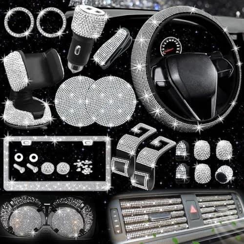 NBTEPEM 27 pcs Bling Car Accessories Set for Women, Silver Diamond | Universal Fit, Luxury Rhinestones, Easy Install thumbnail 1