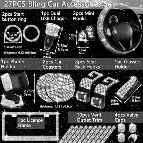NBTEPEM 27 pcs Bling Car Accessories Set for Women, Silver Diamond | Universal Fit, Luxury Rhinestones, Easy Install thumbnail 2