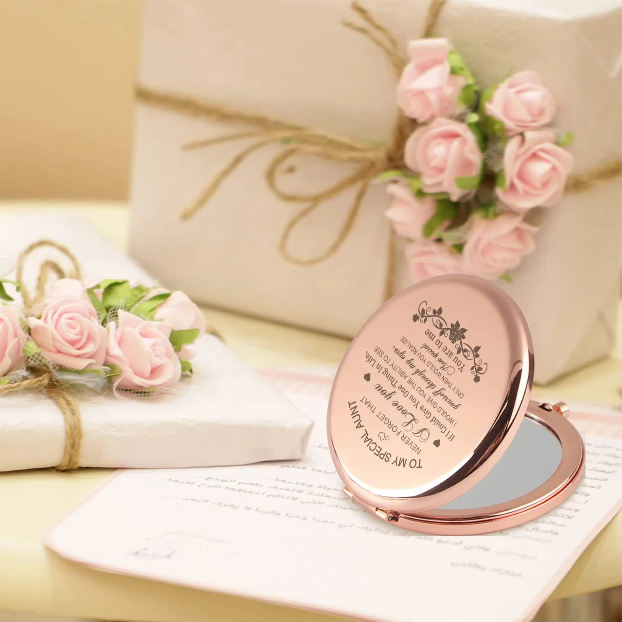 GAOLZIUY Rose Gold Compact Mirror with 2x Magnification | 7 cm (2.7"L x 2.3"W) Handheld Makeup Mirror - view 6
