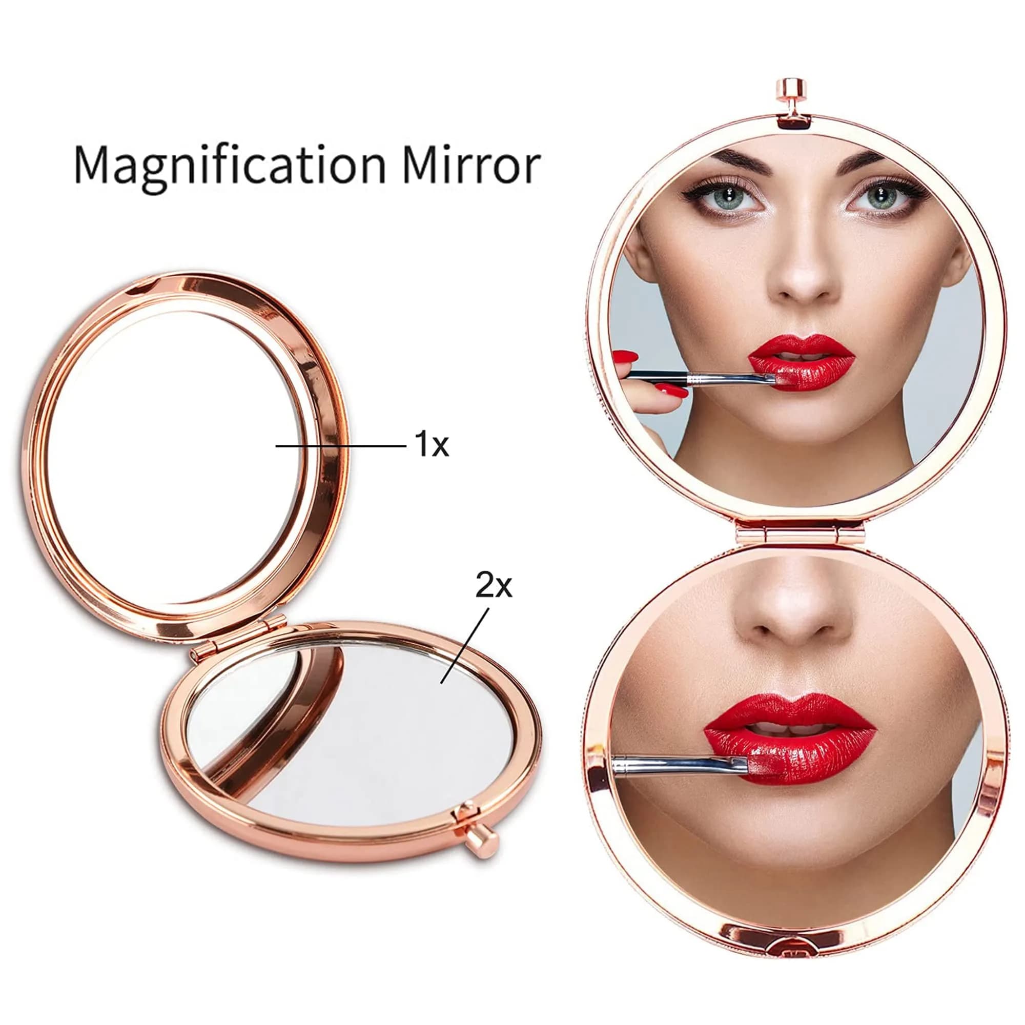GAOLZIUY Rose Gold Compact Mirror with 2x Magnification | 7 cm (2.7"L x 2.3"W) Handheld Makeup Mirror - view 2
