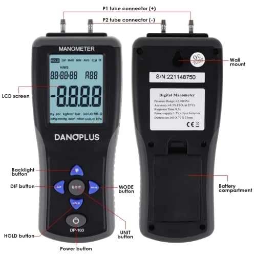 DANOPLUS Digital Manometer Gas Pressure Tester ±2.000psi | Accurate HVAC Air Pressure Meter with Data Record thumbnail 4