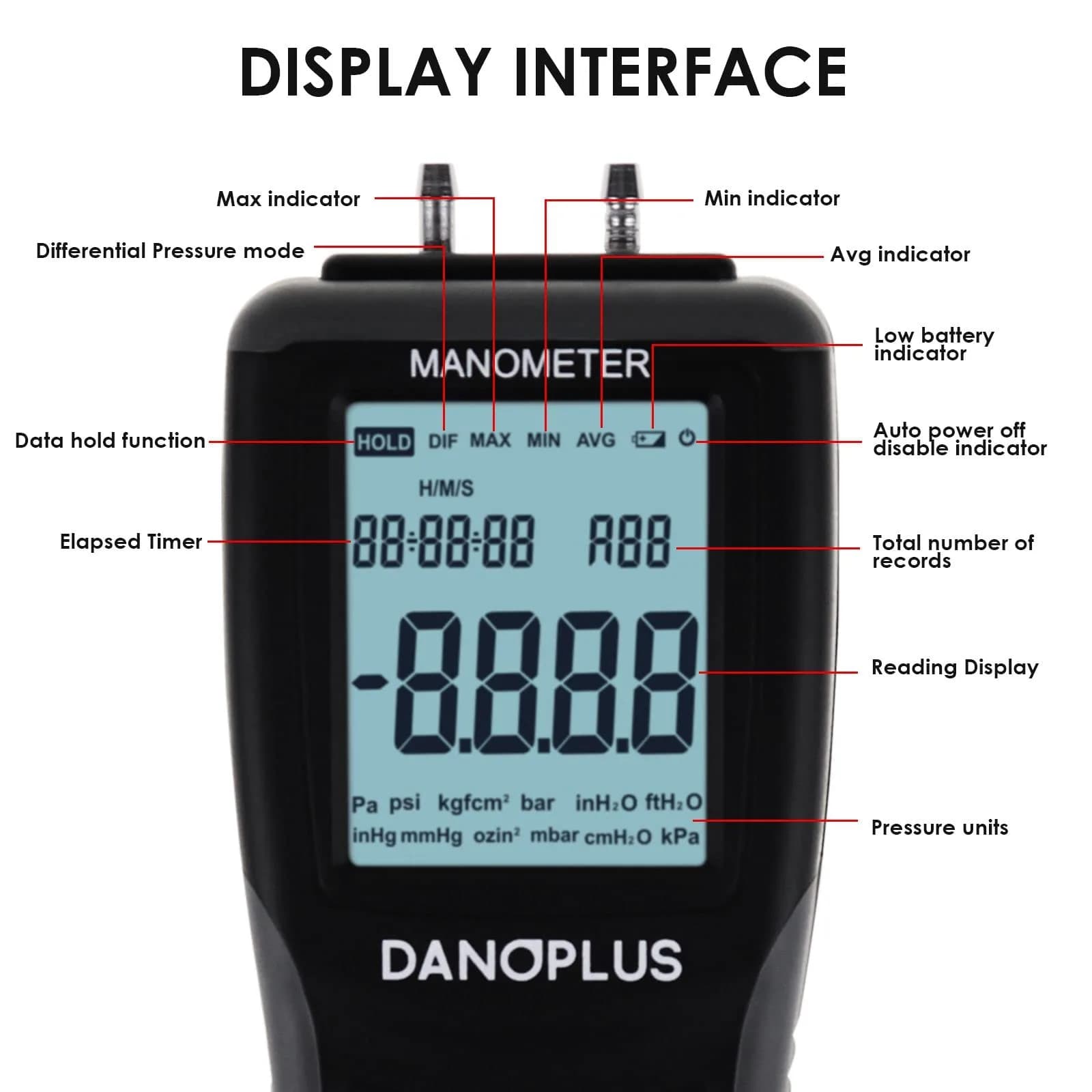 DANOPLUS Digital Manometer Gas Pressure Tester ±2.000psi | Accurate HVAC Air Pressure Meter with Data Record - view 7
