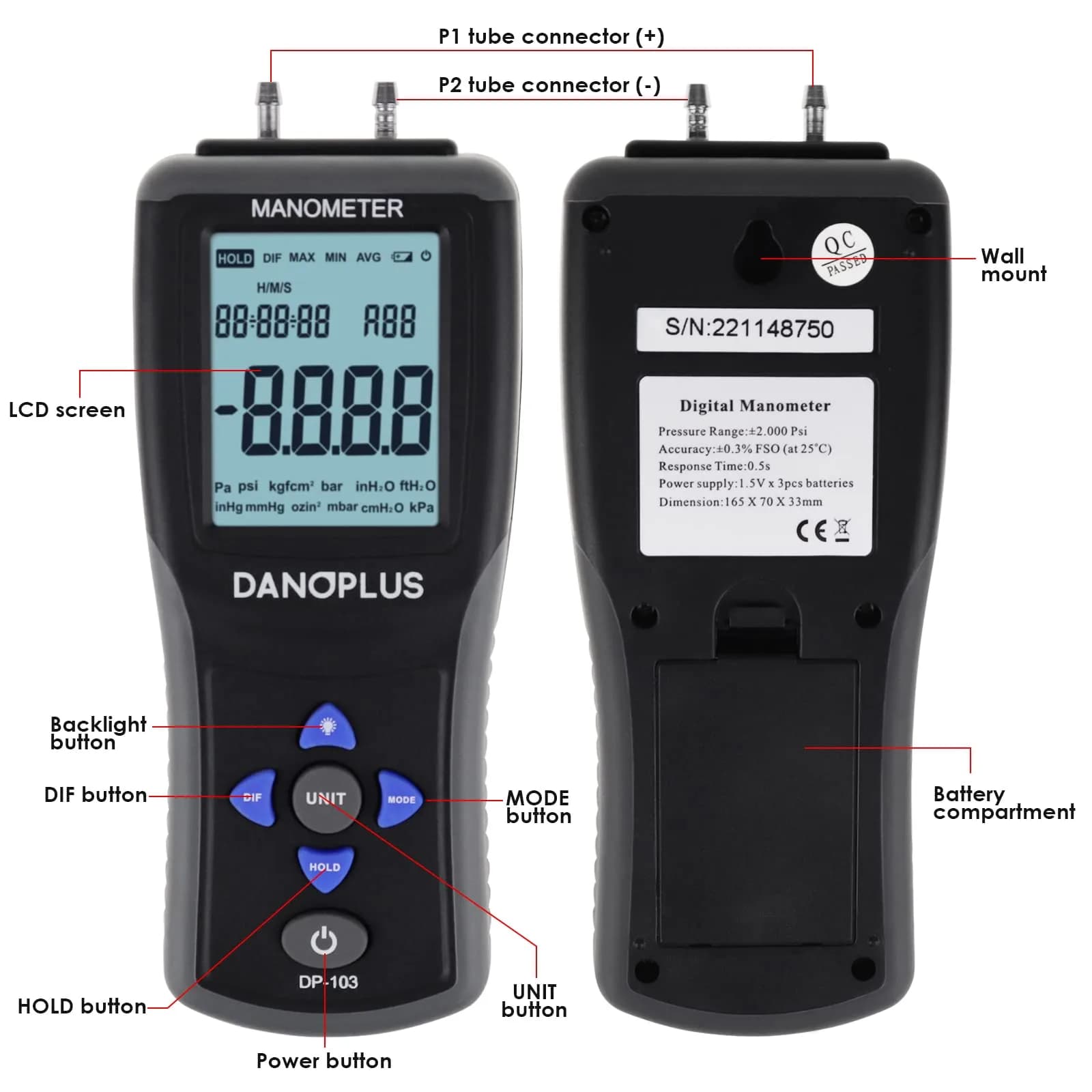 DANOPLUS Digital Manometer Gas Pressure Tester ±2.000psi | Accurate HVAC Air Pressure Meter with Data Record - view 4