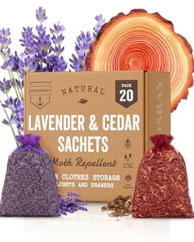 HOUNDSBAY Cedar and Lavender Sachets for Drawers and Closets 20 Packs | Natural Moth & Pest Repellent with Fresh Scent (120 characters) thumbnail 1
