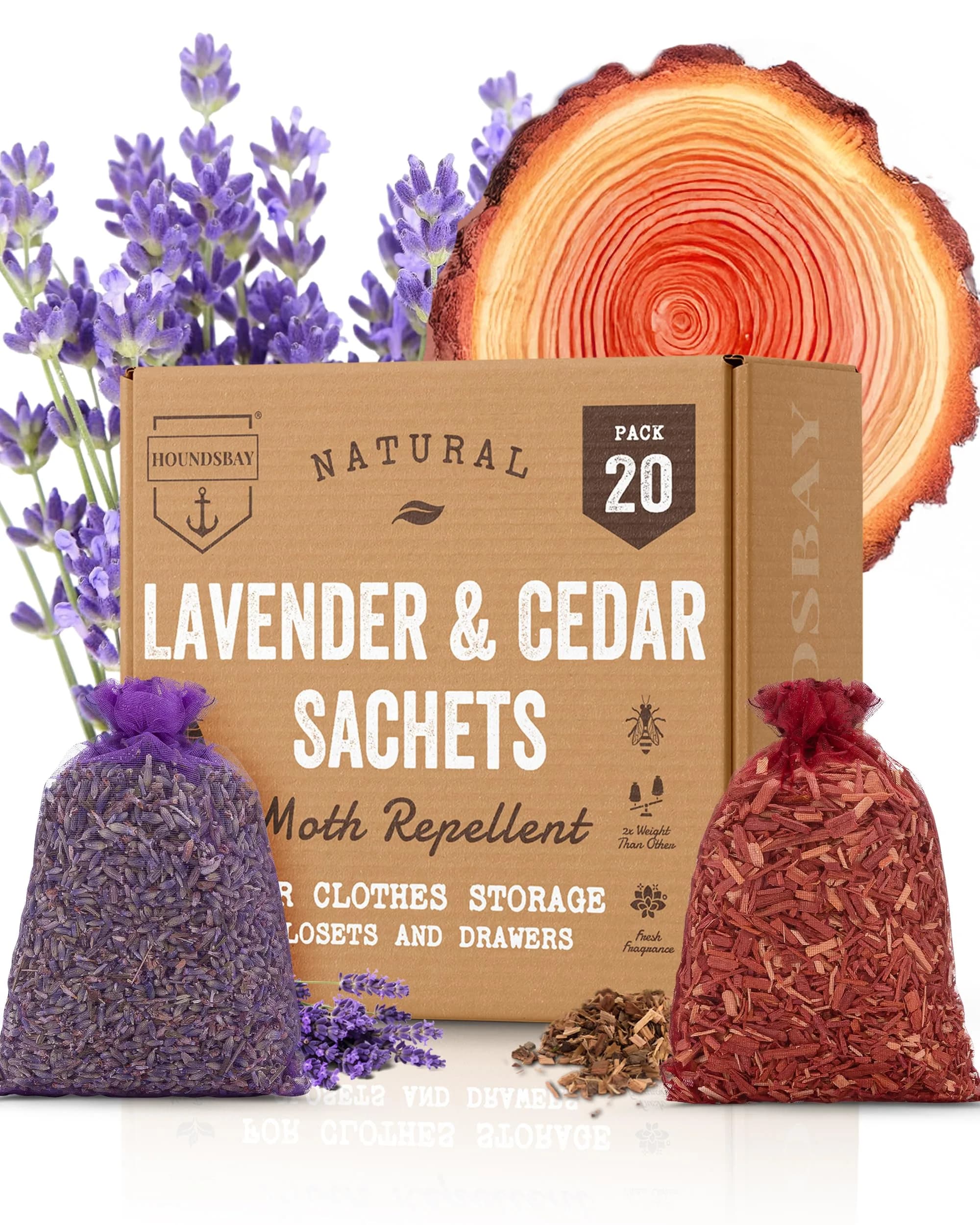 HOUNDSBAY Cedar and Lavender Sachets for Drawers and Closets 20 Packs | Natural Moth & Pest Repellent with Fresh Scent (120 characters) - main product image
