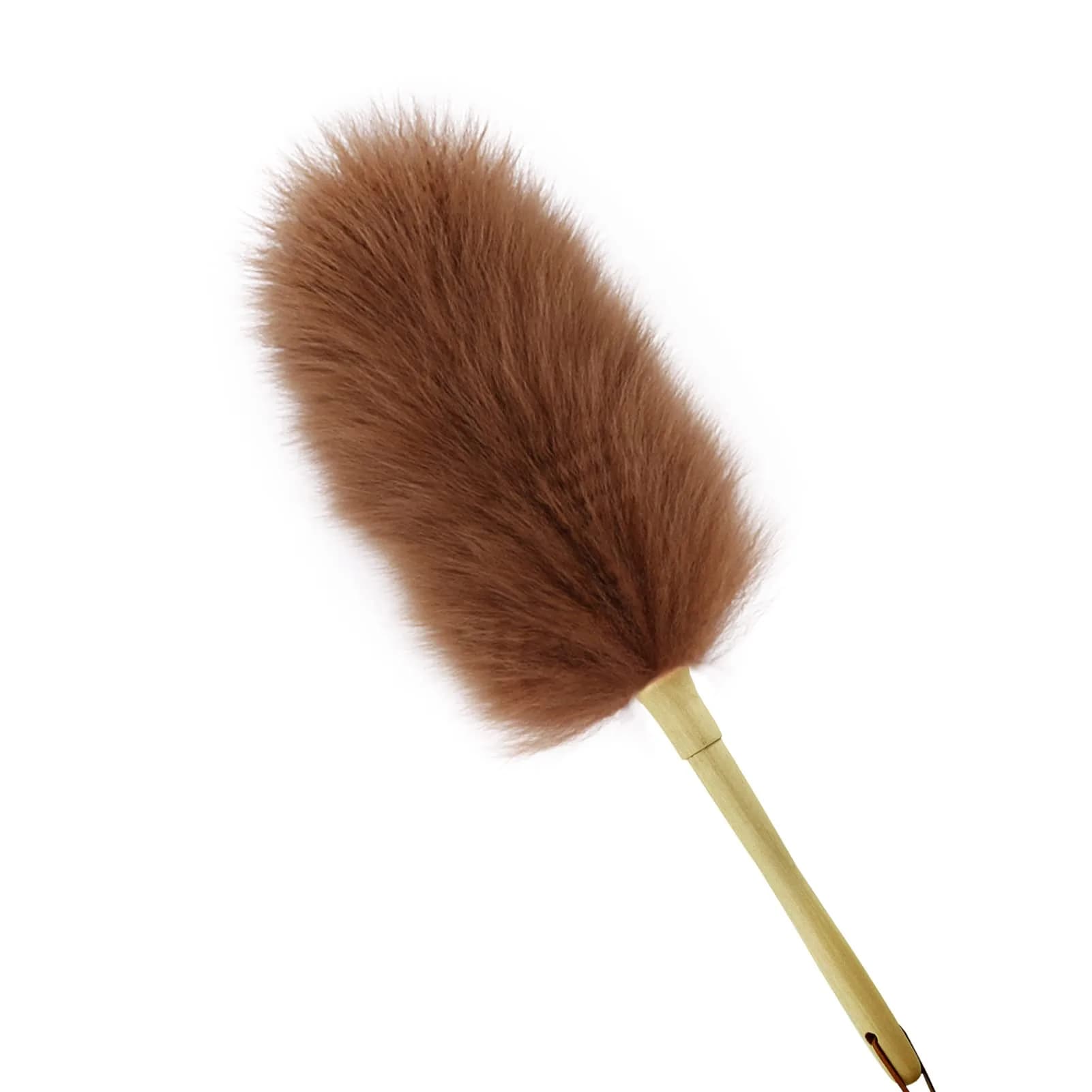 iHUFeather Lambswool Duster 14'' Length Solid Wooden Handle Leather Hang Strap for Cleaning Ceiling Fans Window Blinds Computer Furniture Figurines TV | Soft Lamb Wool Dusting Tool — Brown / 16 Inch