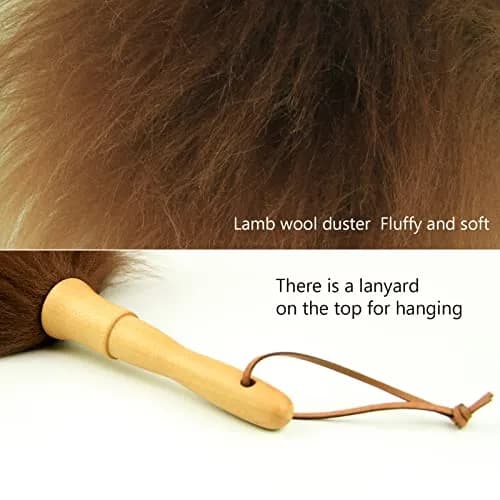 iHUFeather Lambswool Duster 16'' Length Solid Wooden Handle Leather Hang Strap for Cleaning Ceiling Fans Window Blinds Computer Furniture Figurines TV Brown | Soft Lamb Wool Dusting Tool thumbnail 3