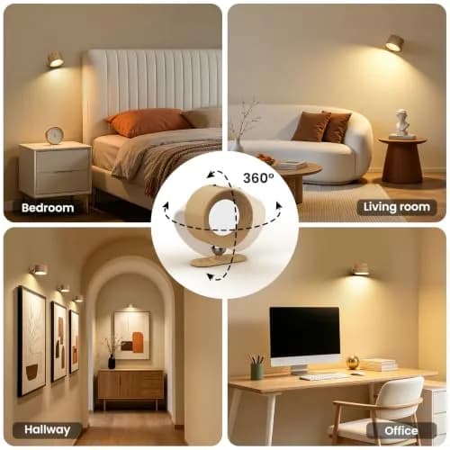 Koopala LED Sconces Wall Mounted Lamps with Rechargeable Battery, 3 Color Temps & Brightness, 360° Rotation, Cordless Bedside Light thumbnail 8