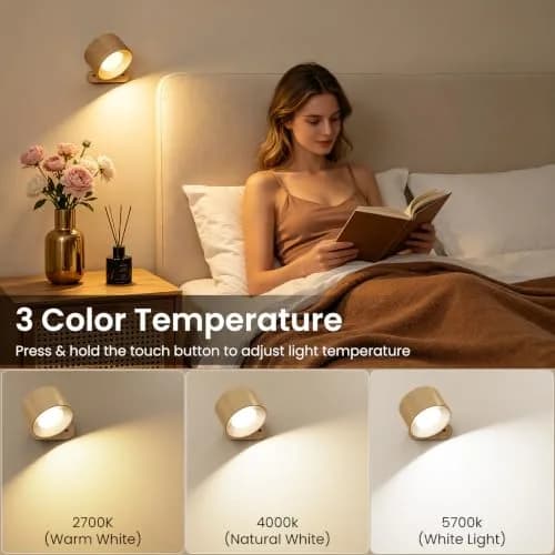 Koopala LED Sconces Wall Mounted Lamps with Rechargeable Battery, 3 Color Temps & Brightness, 360° Rotation, Cordless Bedside Light thumbnail 2