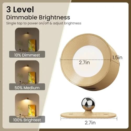 Koopala LED Sconces Wall Mounted Lamps with Rechargeable Battery, 3 Color Temps & Brightness, 360° Rotation, Cordless Bedside Light thumbnail 3