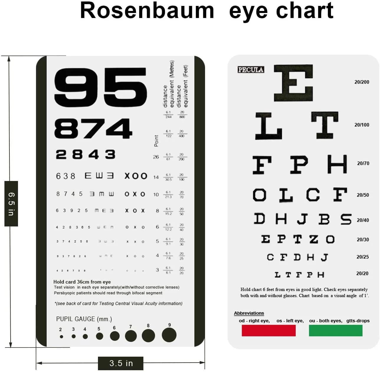 PECULA Pocket Eye Chart 2-Pack | Snellen & Rosenbaum Charts for Vision Testing - view 2