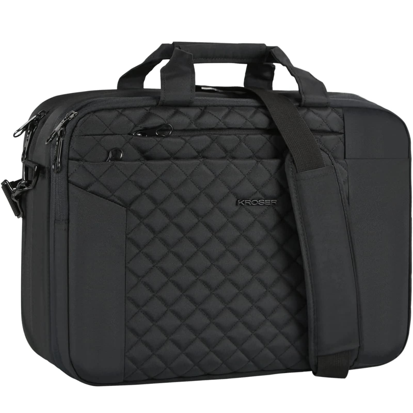 KROSER 17 Inch Expandable Laptop Bag Computer Briefcase with Luggage Strap & TSA Friendly Compartment | Water-Resistant Polyester — Qulited Black