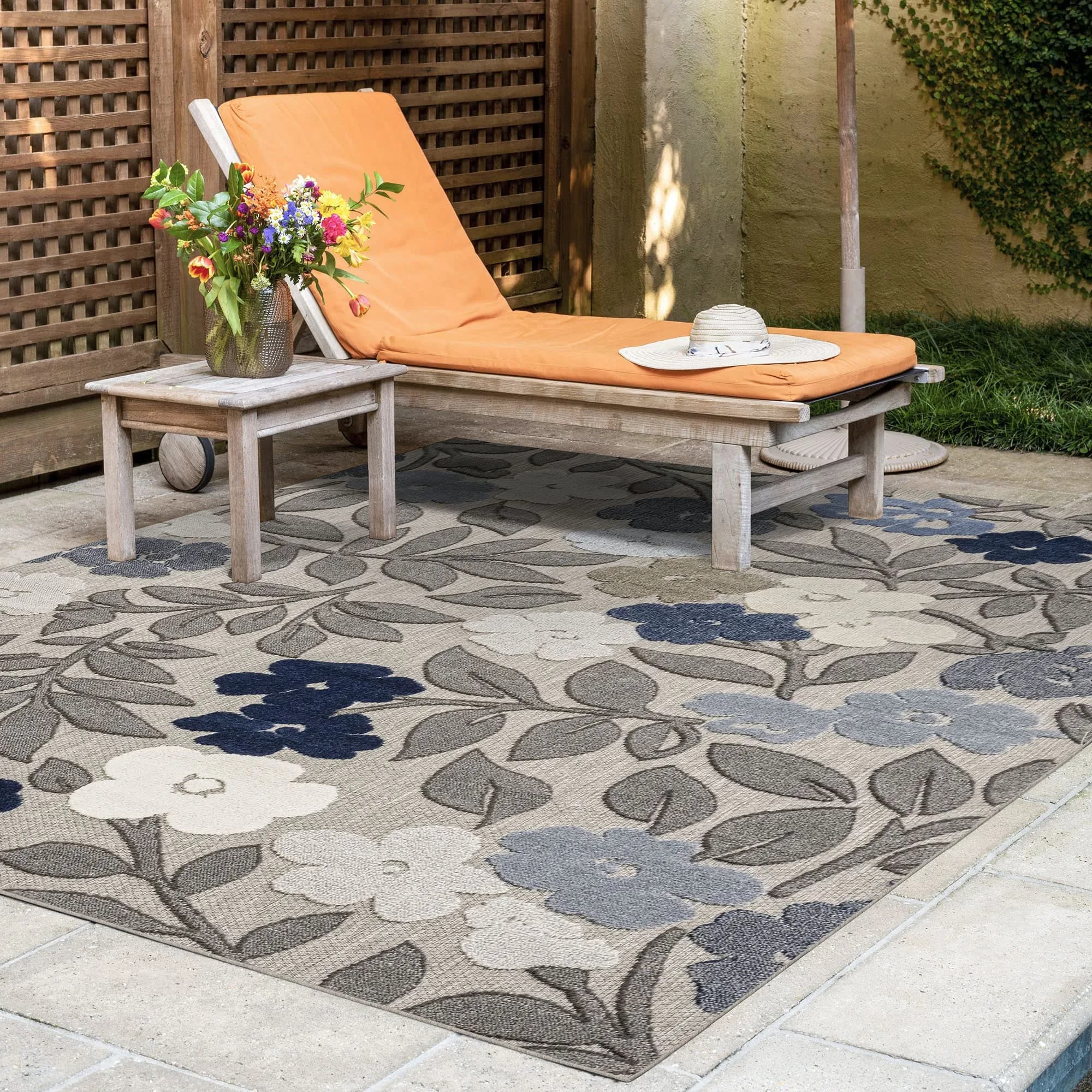 Tayse Ostro Modern Floral Blue Large 8x10 Indoor Outdoor Rug | Waterproof, Fade Resistant, Easy Care