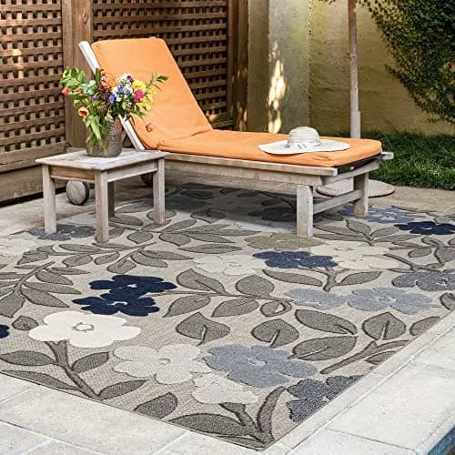 Tayse Ostro Modern Floral Blue Large 8x10 Indoor Outdoor Rug | Waterproof, Fade Resistant, Easy Care thumbnail 1