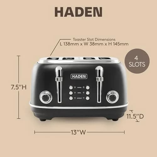 Haden Heritage 4 Slice Wide Slot Stainless Steel Toaster, Black & Chrome | Adjustable Browning & Modern Design thumbnail 4