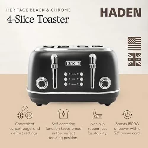Haden Heritage 4 Slice Wide Slot Stainless Steel Toaster, Black & Chrome | Adjustable Browning & Modern Design thumbnail 2
