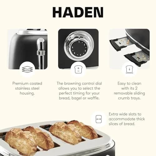 Haden Heritage 4 Slice Wide Slot Stainless Steel Toaster, Black & Chrome | Adjustable Browning & Modern Design thumbnail 3