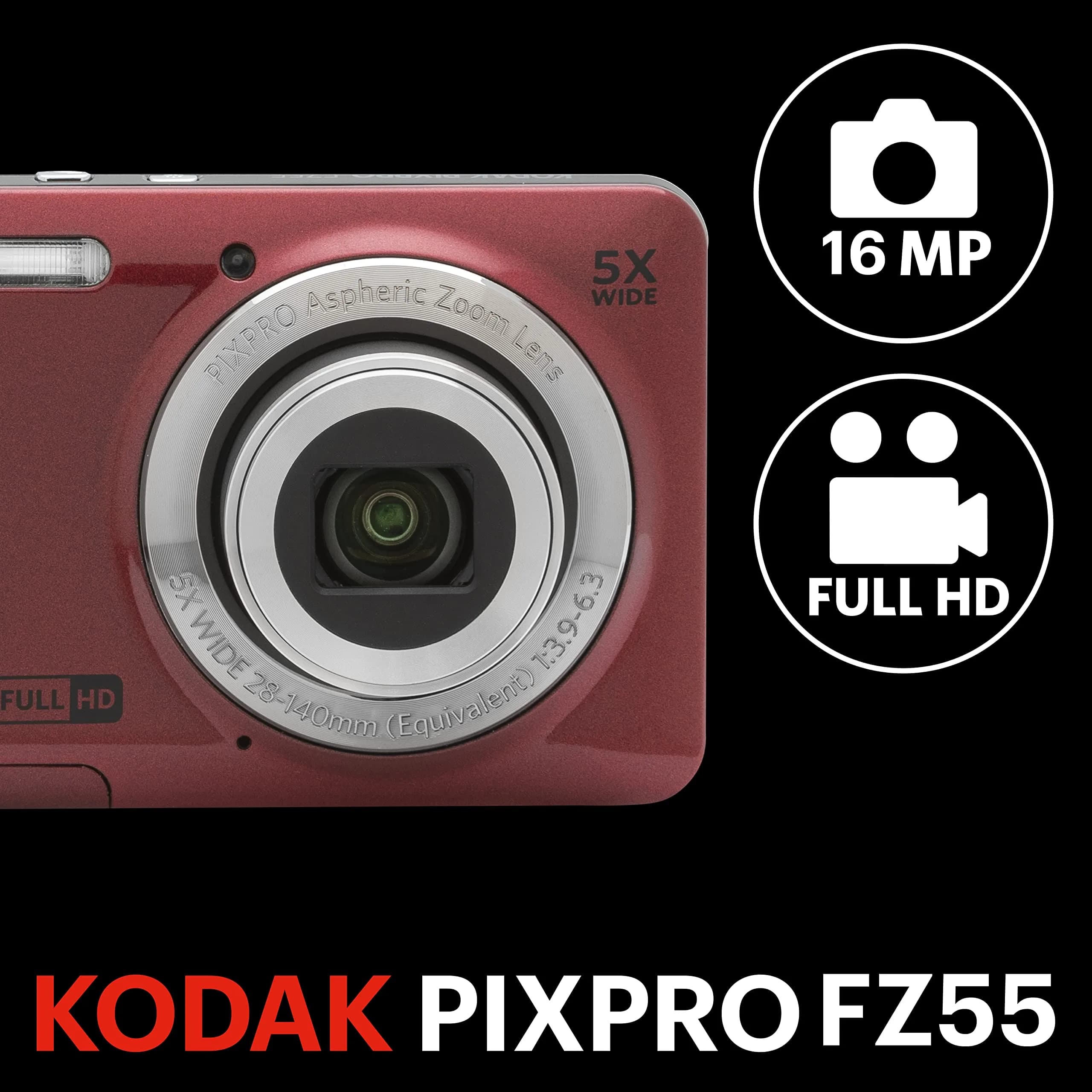 KODAK PIXPRO FZ55 Red Digital Camera - 16MP, 5X Optical Zoom, 1080p Full HD Video - view 3